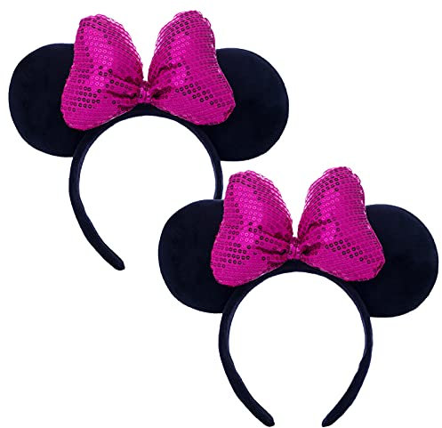 CHuangQi 2pcs Rose Red 3D Bow Mouse Ears Headband, Double-sided Sequins Bow, Lady/Girl Headwear for Party, Amusement Park