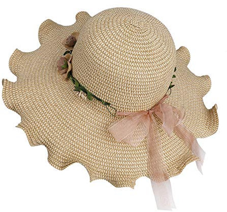 MaoXinTek Chapeau de Paille Femme Large Bord Cap de Soleil UV Protection D'été Pliable Plage avec Décoration Florale pour Loisirs Voyage