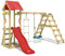 WICKEY Wooden climbing frame TinyLoft with swing set & red slide, Outdoor kids playhouse with sandpit, climbing ladder & play-accessories for the garden