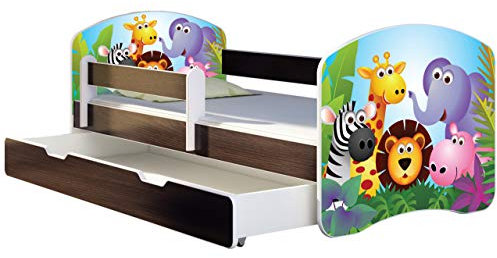 ACMA Kinderbett Jugendbett mit Einer Schublade und Matratze Wenge mit Rausfallschutz Lattenrost II 140x70 160x80 180x80 (01 Zoo, 180x80 + Bettkasten)