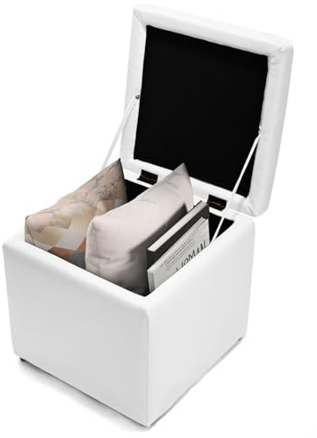COSTWAY Tabouret de Rangement, Pouf, Coffre Boîte de Rangement Rembourré, Surface en Cuir PU, Ottoman Repose-Pied Cube, Charge 150 kg, pour Entrée, Salon, Chambre à Coucher, 40 x 40 x 40 cm, Blanc