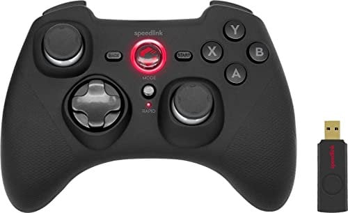 Speedlink RAIT Gamepad Wireless – kabelloser Controller mit Vibrationsfunktion, Dauerfeuer Funktion, für PC/PS3/Switch, gummierte Oberfläche, schwarz