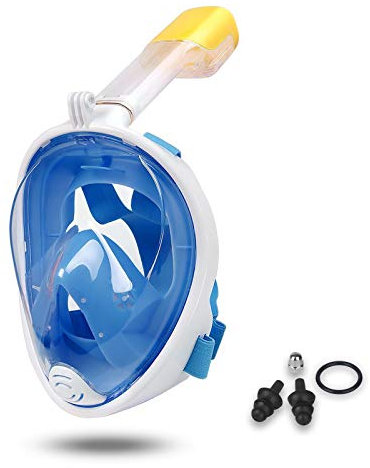 Lamker Tauchmaske Schnorchelmaske Vollmaske mit Kamerahaltung 180° Sichtfeld Tauchermaske Vollgesichtsmske Erwachsene und Damen Schnorchel Maske Anti-Fog Anti-Leck Müheloses Atmen Schwimmmaske Blau