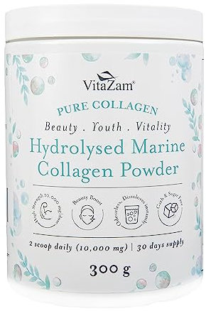 VitaZam Anti-Aging Marine Collagen Peptides Powder- Wild caught fish, Non-GMO. Hydrolysed Type 1 & 3 Collagen Protein. 18 Amino Acids for Healthy Skin, Hair, Joints, or Bones, unflavoured, easy to mix