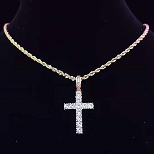 zxcs Männer Frauen Hip Hop Kreuz Anhänger Halskette mit 4mm Zirkon Tennis Kette Euro Out Bling Halsketten Hiphop Schmuck Mode Geschenk-Gold Rope Chain,16inch(40cm)