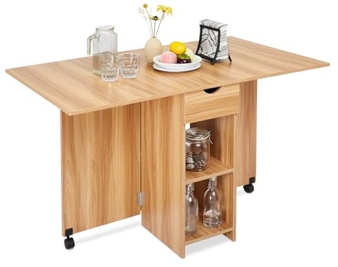 Mondeer Mobiler Klapptisch, Klappbarer Esstisch Geeignet für kleine Räume mit 1 Schublade und 2 Ablagen für Esszimmer und Küche, Roteiche H1071KT01RO 72 x 120 x 75 cm