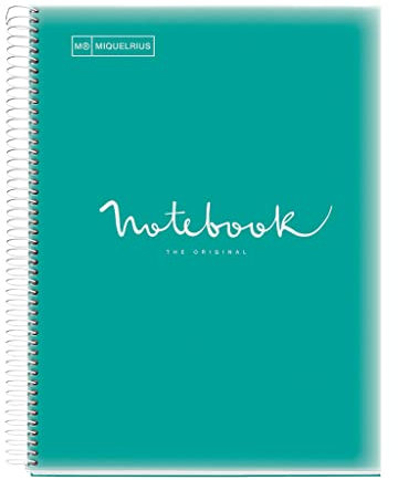 Miquelrius - Taccuino A4 Quaderno Emotions, 160 Pagine 90 g/m², Griglia 5 x 5 mm, 8 Strisce colorate, Spirale microforata, Copertina in polipropilene, 4 Fori, Quaderno a griglia, Turchese