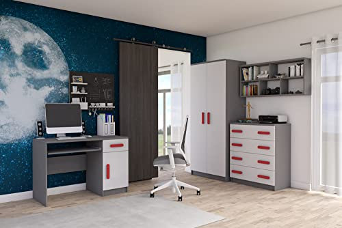 Fabryka Mebli Idźczak 4-teiliges Kinderzimmer-Set Jonas II 02 - Schrank, Wandregal, Kommode, Schreibtisch - Kleiderschrank - Skandinavischer Stil - Modern Design - Weiß/Rot