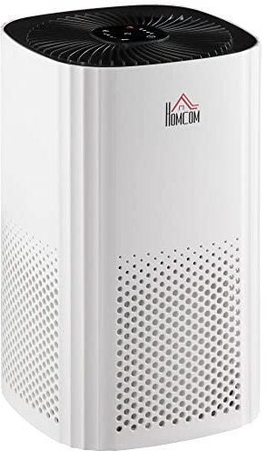 HOMCOM Purificador de Aire con Filtro HEPA de 3 Capas CADR 225 m³/h hasta 24 m² Purificador de Sobremesa con Pantalla LED 4 Velocidades Temporizador Modo Nocturna y Silencioso 22,7x22,7x36 cm Blanco