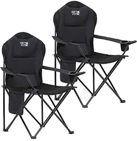 Get Fit Premium Camping Chair - Thick Padded Folding Chair For Adults With Magazine Pocket, Cup Holder & Carry Bag - Lightweight 3kg - Heavy Duty Foldable Picnic Chair - Capacity 130kg - Black 2 Pack