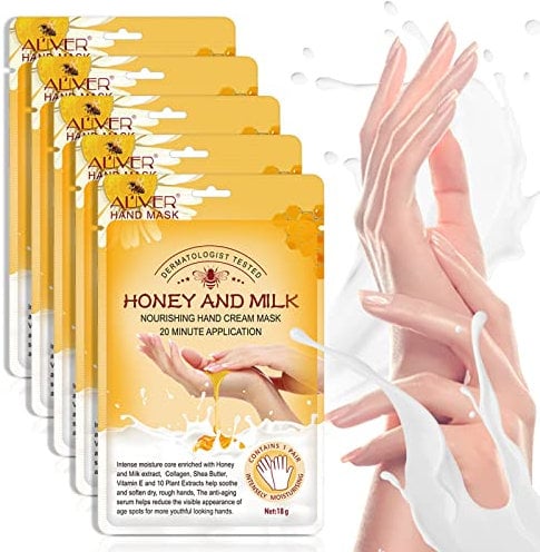 5 Paar Handmasken, Honig und Milch Feuchtigkeitsspendende Handpflege, nährend, weichmachend, peelend, regenerierend, für trockene, gealterte und rissige Hände