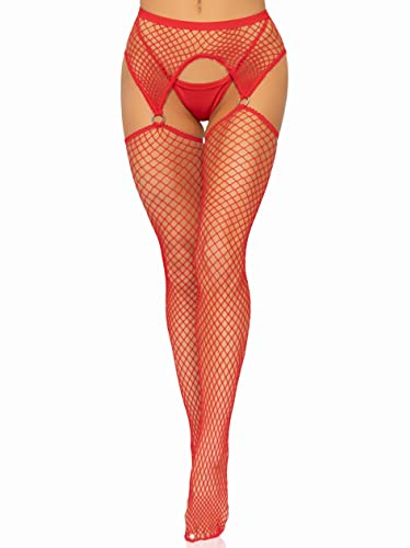 Leg Avenue Women's Fishnet Stockings With Attached Garter Belt Leg Avenue Faux Lace Up Dual Net Backseam Stockings