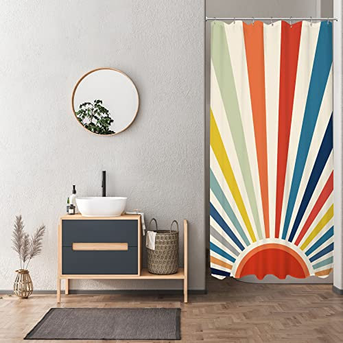 Glawry Tenda da doccia piccola arcobaleno per bagno, 91 x 182 cm (larghezza x lunghezza), tenda da bagno stretta singola, stile bohémien, mezza dimensione, set di tende da bagno metà secolo retrò