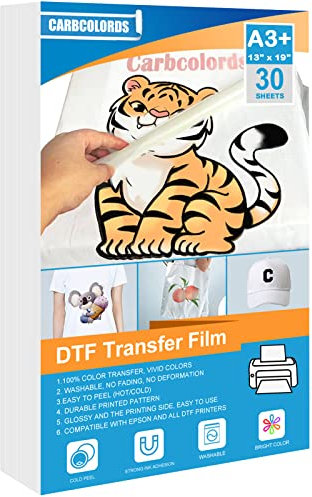 Carbcolords DTF Transferfolie, glänzend, transparent, PreTreat – Premium-PET-Wärmetransferpapier für DYI Direktdruck auf T-Shirts, alle Stoffe und Farben, Textil, A3 + (330 mm x 482 mm), 30 Blatt