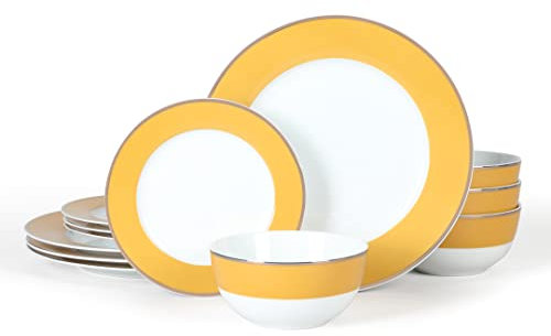 Martha Stewart Gracie Lane Porzellan-Geschirr-Set – Gold/Goldrand – dekoriert, Service für 4 Personen (12-teilig)