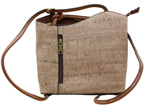 Elevanty Rucksack aus Naturkork, Tasche verwandelt sich in einen dünnen Griff, umweltfreundlich, vegan und biologisch abbaubar., Braun und weiß, S