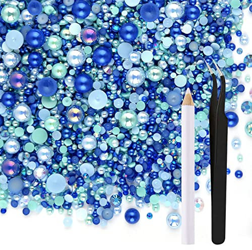 ASTARON 50g Mix Halbperlen und Glitzersteine für Kunsthandwerk, 3mm-10mm FlatBack Perlen und Strasssteine für Gesicht Nagel DIY Becher Becher Kunst Schuhe Kleidung (Blaue Serie)