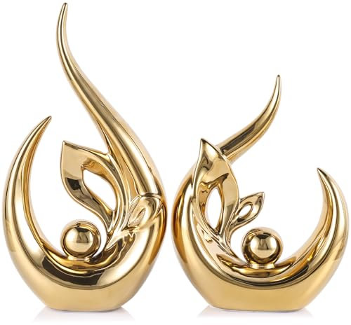 LCCCK Moderne Goldene Keramik-Skulptur – Abstrakte Kunststatue 33cm im Skandinavischen Design für Wohnzimmer Esstisch, Büro und Eingangsbereich Dekorakzent