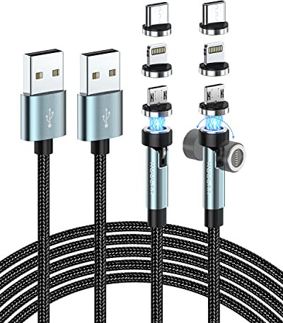Kuulaa 3-in-1-Magnetladekabel, 3A Magnetisches Ladekabel 2Stück, USB C Magnet Kabel 360° und 180° Drehbar Magnetic Datenkabel mit Type C/Micro USB/iProducts (2m*2)