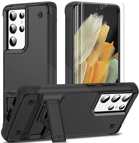 YmhxcY for Galaxy S21 Ultra Case Samsung S21 Ultra Cases with 2 Pack Self Healing Flexible TPU Film,[Military-Grade] Invisible Shockproof Kickstand Cover for Samsung Galaxy S21 Ultra-Black