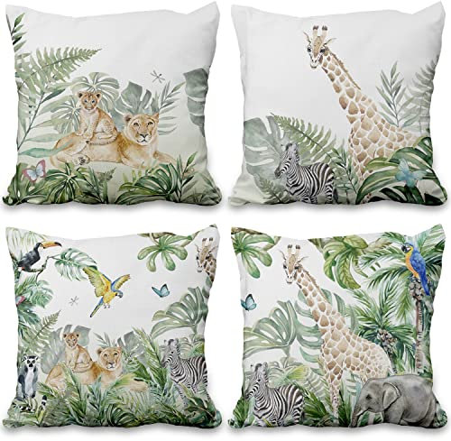 Aoihrraan Animaux De Safari dans La Junglehousse De Coussin 41x41cm Lot de 4, Aquarelle Forêt Girafe Lion Tropical Feuilles Lin De Coussincarré Taie d'oreiller pour Salon D'Extérieur Jardin Canapé