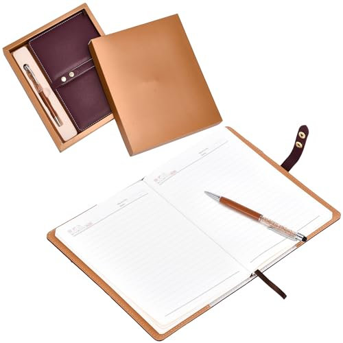 DONBOLSO Notizbuch Leder A5 in Geschenkbox - 192 Seiten - Strapazierfähiges Kunstleder-Hardcover mit Doppelknopfverschluss, Kristal Touchscreen-Stift - Ideal für Business - 22x15 cm,Braun