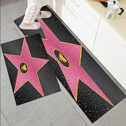 Küchenläufer Küchenmatte 2 Stück 45x70cm+45x120cm,Popstar Party, Hollywood Walk of Fame Symbol Berühmte Persönlichkeit U,Rutschfest Pflegeleicht, Anti-Müdigkeit Küchenteppich Teppich Läufer für Küche