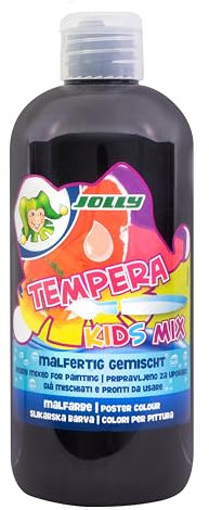 JOLLY Tempera Kids Mix Malfarbe, Flüssigfarbe, 0,5L Flasche Schwarz, leuchtende und deckende Farben, unverdünnt oder mit Wasser vermalbar, auf allen Materialien anwendbar