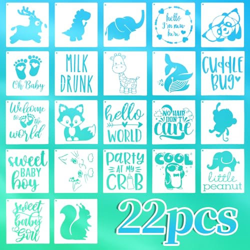 LLMSIX 22 Stück Babyparty-Schablonen zum Bemalen, niedliche kleine Einteiler-Schablonen, gemischte Tier-Schablonen, Baby-Thema, Malvorlagen zum Malen auf Stoff, Bodysuit, Taschen, Hemden, Schuhe,