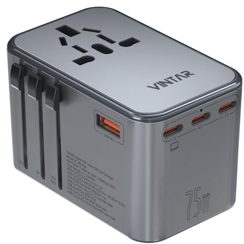 VINTAR 75W GaN Reiseadapter Weltweit, Fast Charge Universal Reisestecker Adapter mit 3 USB C und 1 USB A, Travel Adapter für EU USA UK Italien Japan Thailand Australien Kanada, Silber