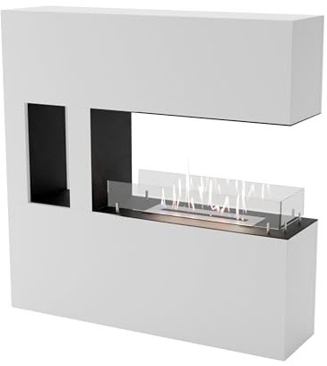 GLOW FIRE Ethanol Kamin VESTLAND (Standkamin) - Bioethanol Kaminofen für Indoor mit Holz-Fassade, 3 h Brenndauer, über 2kW Heizleistung, 120 x 120 x 30 cm - Weiß