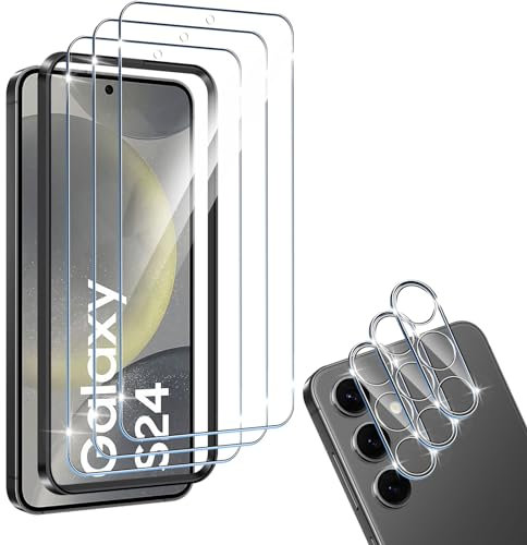 HidWee Schutzfolie kompatibel mit Samsung Galaxy S24 für Panzerglas mit Rahmen Positionierhilfe, 3 Stück Schutzglas & 3 Stück Kamera Schutzfolie, 9H Härte Anti-Kratzer Schutz & Kameraschutz