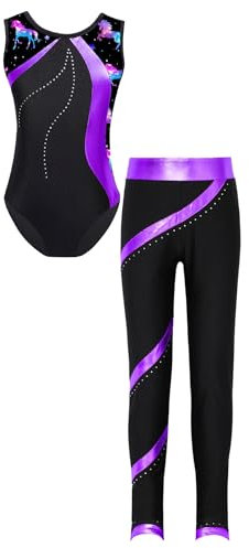 Zaldita Kinder Mädchen Gymnastikanzug Ärmellos Turn-Leotard mit Leggings Glitzer Turnanzug Akrobatik Anzug Tanzkostüm Ca Lila 122-128
