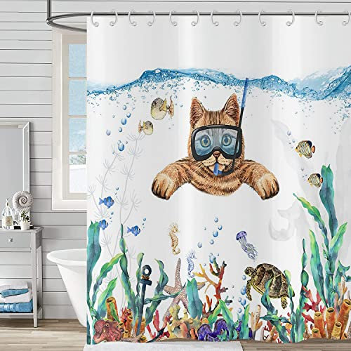 Hnmdmyi Rideau de Douche Drôle Chat 240x180, Mignon Chaton nageant en Teal Bleu océan Rideau de Baignoire Tortue de mer Poissons tropicaux méduse étoile de mer Corail Nautique Rideau de Bain Enfants