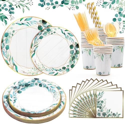 192 Pcs Sage Green and Gold Tableware Set for 24 Guests - Plates, Cups, Napkins for Birthday, Wedding, Safari Baby Shower Decorations - Reusable