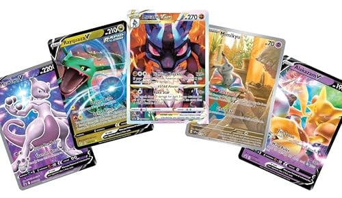 Pokémon Cards: Bundle of 5 Rare Pokemon Cards including V, EX, GX, Full Art, Illustration Rare or Trainer Gallery Pokemon Cards stored in a That Chunky Yellow Mouse ™ Gift Pouch