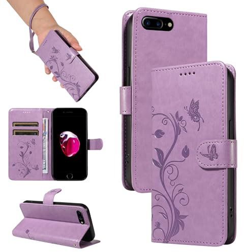 SRISHP Hülle für iPhone 8 Plus/iPhone 7 Plus Hülle, Premium PU Leder Handyhülle mit Band, Magnet Flip Case für iPhone 8 Plus/iPhone 7 Plus, Violett