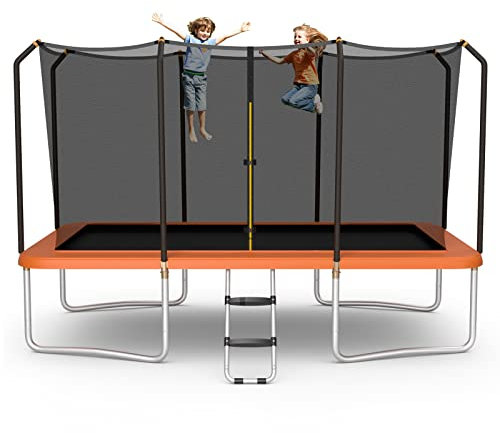 COSTWAY Outdoor Trampoline, 8FT x 14FT Rectangular Trampolines with Safety Enclosure, Net and Ladder, 150kg Weight Capacity, Recreational Trampoline for Toddlers & Adults (Orange)