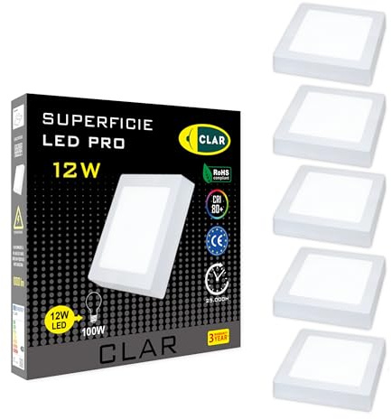 CLAR - LED Ceiling Light, Deckenlampe Badezimmer, LED Deckenleuchte, Deckenleuchte Badezimmer, Deckenlampe LED, Deckenleuchte Flur, LED Lampen Deckenlampen, Badlampe Decke, Square 12W (Pack 5)