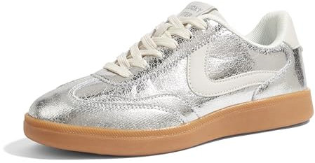 LUCKY STEP Baskets Femme Rétro – Sneakers Mode Classiques, Antidérapants et Confortables pour Marche et Skate (Argent, 8US-38EU-5UK)