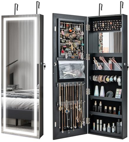 COSTWAY 3-Color LED Lights Jewellery Cabinet, Door Hanging/Wall Mounted Jewelry Armoire with Full Length Mirror and Large Storage, Bedroom Lockable Cosmetics Jewellery Organiser Unit Gift (Black)