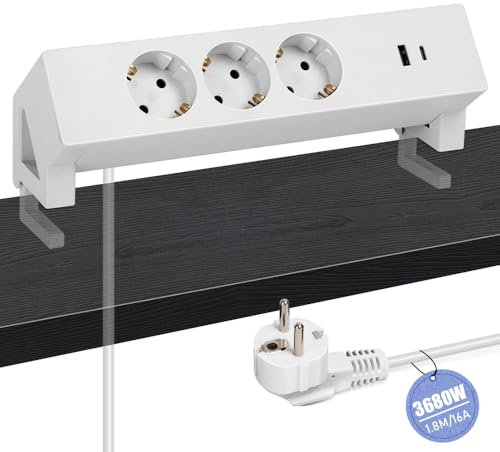 Tischsteckdose mit USB C + A (5V/3.1A), 3680W 16A 3-Fach Steckdosenleiste Schreibtisch Klemmbare 50mm, Küche Mehrfachsteckdose 1.8M, Küche Schreibtisch Steckdose mit Überspannungsschutz Flammhemmender