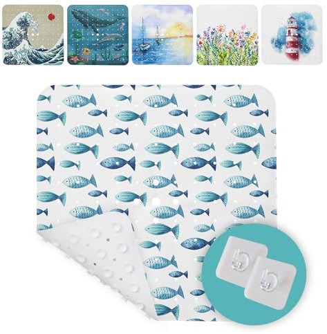 arteneur® - Duschmatte rutschfest 53x53 cm | Antirutschmatte Dusche | Inkl. Aufhängung | Schimmelresistent | Maschinenwaschbar | BPA frei | Rutschmatte Dusche Blaue Fische