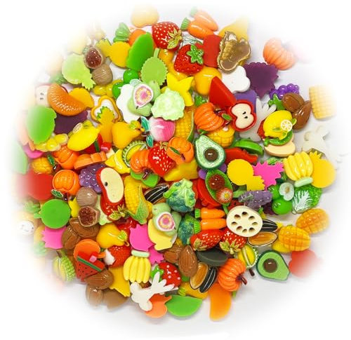 BOSOIRSOU 200 pcs Assorted Slime Charms, Cute Fruit Vegetable Charms Ornaments Flatback Resin Cabochons for Craft Making Ornament Scrapbooking DIY Crafts Beads Making Supplies - Random Style