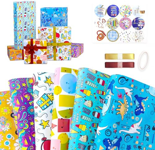 Niviy Geschenkpapier Kinder 6 Blatt 70x50CM Gefaltetes Geburtstag Geschenkverpackung,Dino/Auto/lächelndes Gesicht/Blume/Ballon/Eiscreme Cartoon Design,mit Aufkleber,Band und Klebeband Für Jeden Anlass