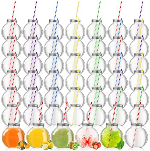 Yaomiao 48 Pcs 10 oz Mini Plastic Fish Bowl Ornament Cups for Drinks Clear Spherical Potion Bottles with Lids and Straws Bulb Cups for Christmas Carnival Candy Party Decorations (Multicolor)
