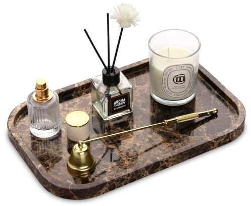 Marble Bathroom Vanity Tray, Natural Marble Home Kitchen Bathroom Table Tray, Stone Decorative Countertop Serving Trays for Coffee Perfume Jewelry Makeup (Dark Brown L)