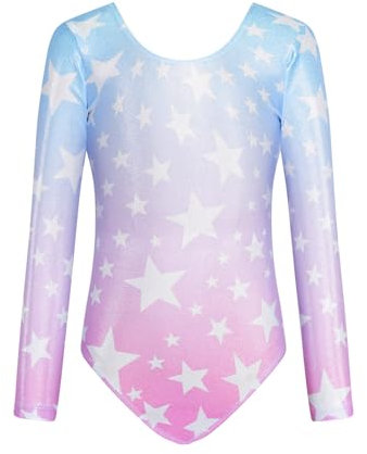 JiAmy Leotardos de gimnasia para niñas, traje de gimnasia de manga larga para niños, traje de gimnasia brillante para baile de 3 a 12 años, Estrella rosa-azul, 5-6 Years