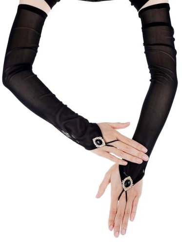 Long Black Gloves Tulle Rhinestones Fingerless Gloves for Women, Diamond Elbow Length Lace Arm Sleeves for Halloween, Wedding, Bridal, Opera, Prom, Tea Party Costume