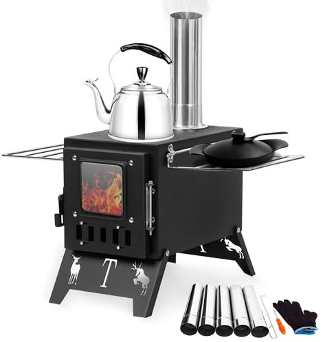 qorkhogr Wood Stove,Folding Portable Camping Wood Hot Tent Stove with 5 Chimneys Pipes for Outdoor Camping Cooking Heating BBQ Hiking Fishing Hunting Black